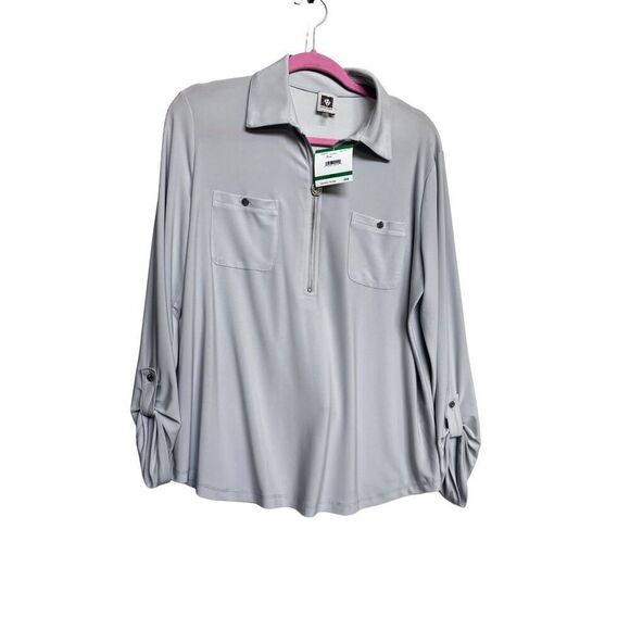 Ann klein Light Gray Zip Front Blouse with Roll-Tab Sleeves size large - Picture 1 of 14